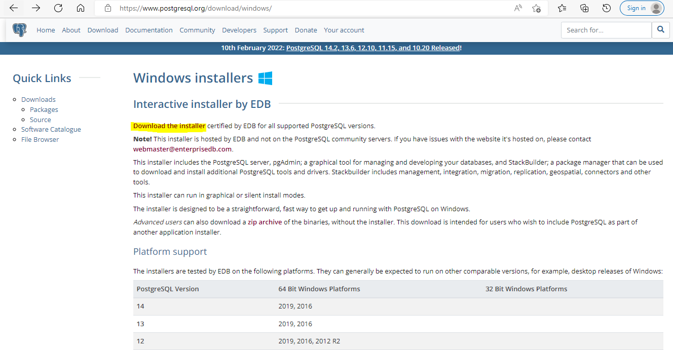 PostgreSQL数据库下载界面 